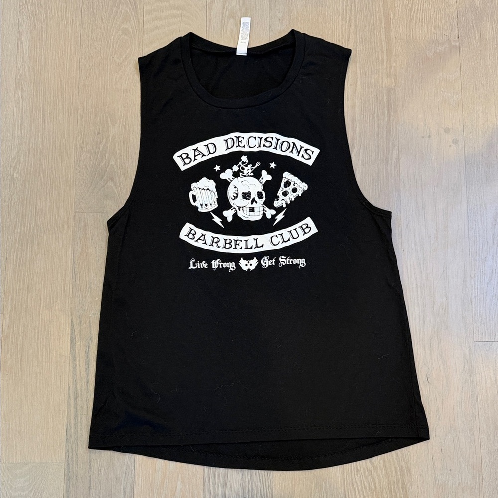 Bella Canvas Black Muscle Tee with White "Bad Decisions Barbell Club" Graphic